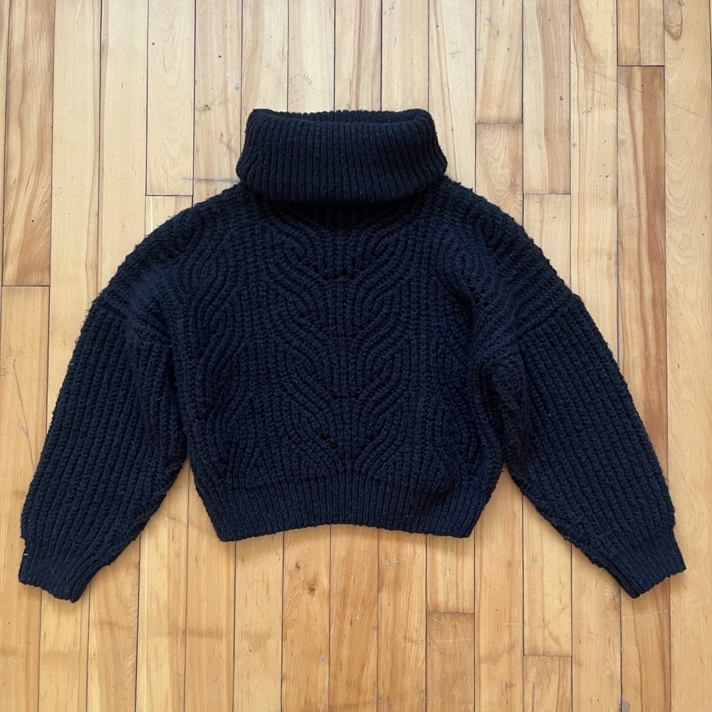 BY SWAN PARIS Black Chunky Knit Turtleneck Sweater One Size Textured Cropped